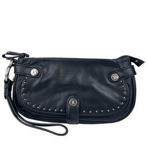 COLE HAAN Black Leather Wristlet Moto Biker Stephanie‎ Clutch Purse Studded City